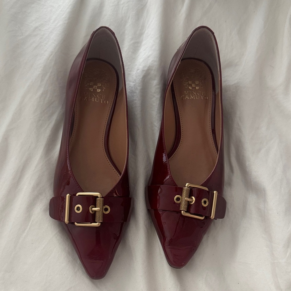 Vince Camuto Women's Burgundy Patent Pointed Flats with Gold Buckle
